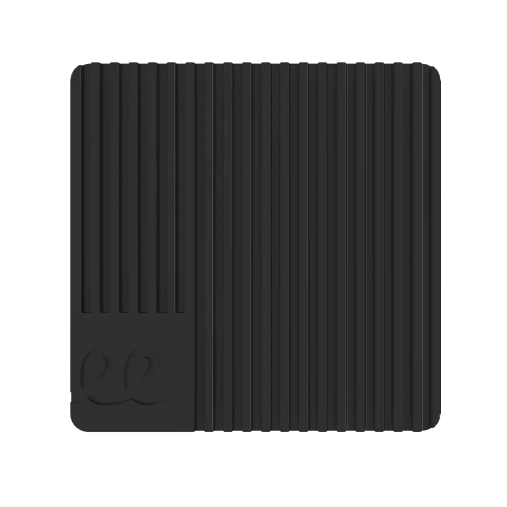 Front view of the black finned Energy Router enclosure.